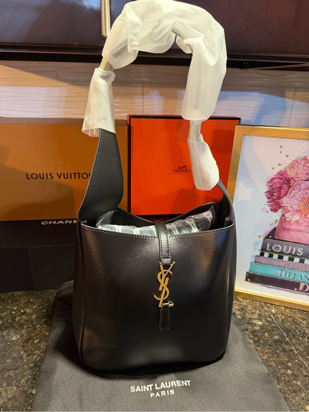 Y Supple Black Leather Bucket Bag GHW